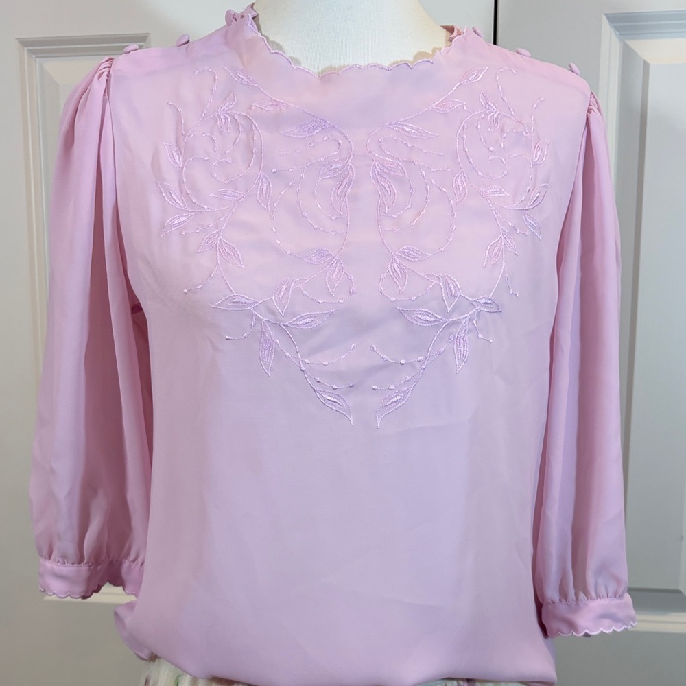Chic Light Pink Embroidered sheer Blouse